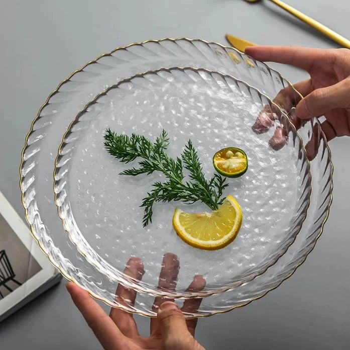 Assiette plate en verre contour dore, D27xH2CM
