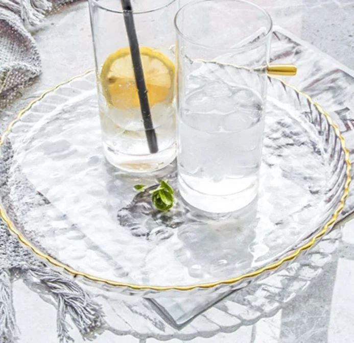Assiette plate en verre contour dore, D27xH2CM