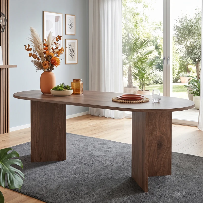 Grande table à manger effet noyer coins arrondis pour 6 à 8 convives 200x90cm MINIMALISTCHESTHOME