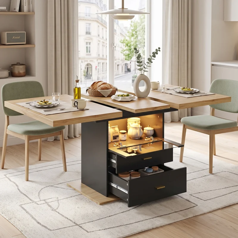 Table à manger extensible effet bois avec éclairage LED, 2 tiroirs de rangement 110-140cm MINIMALISTPILLOWSET