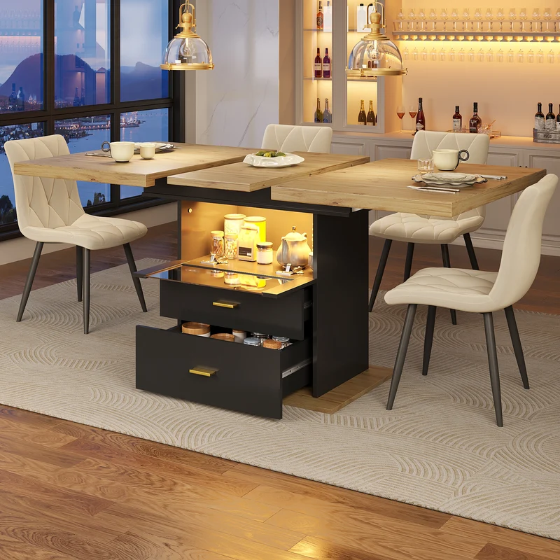 Table à manger extensible effet bois avec éclairage LED, 2 tiroirs de rangement 110-140cm MINIMALISTPILLOWSET