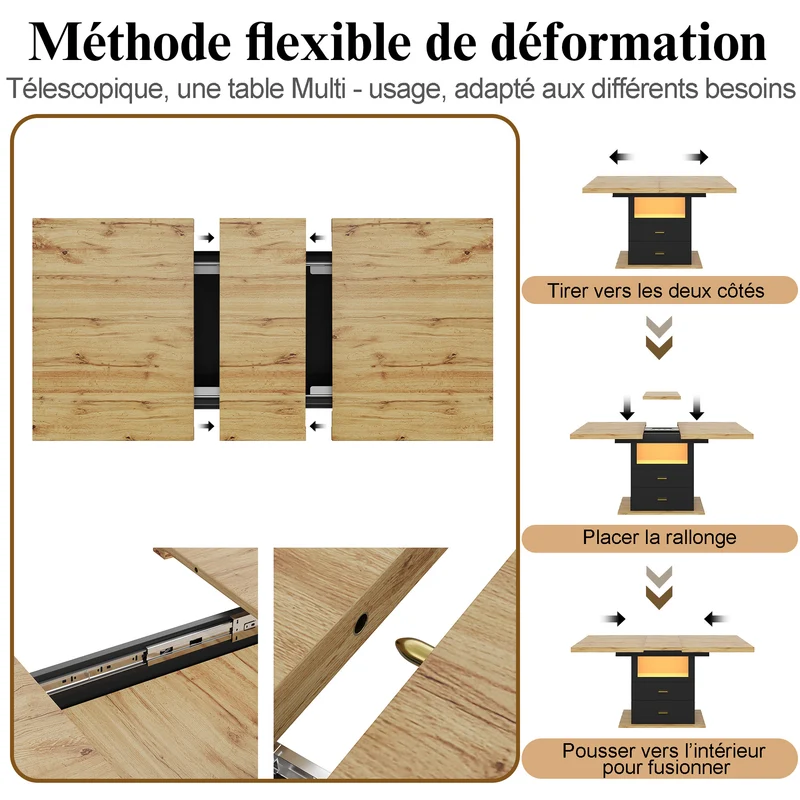Table à manger extensible effet bois avec éclairage LED, 2 tiroirs de rangement 110-140cm MINIMALISTPILLOWSET