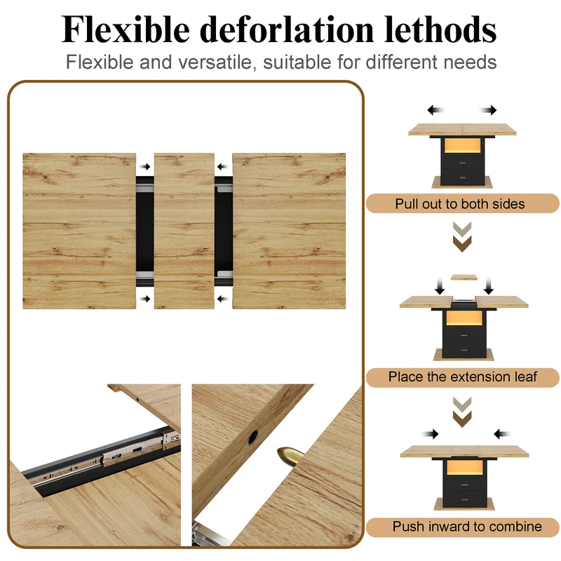 Table à manger extensible effet bois avec éclairage LED, 2 tiroirs de rangement 110-140cm MINIMALISTPILLOWSET