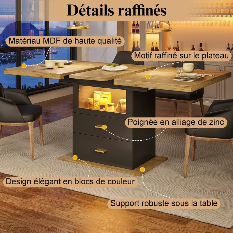 Table à manger extensible effet bois avec éclairage LED, 2 tiroirs de rangement 110-140cm MINIMALISTPILLOWSET