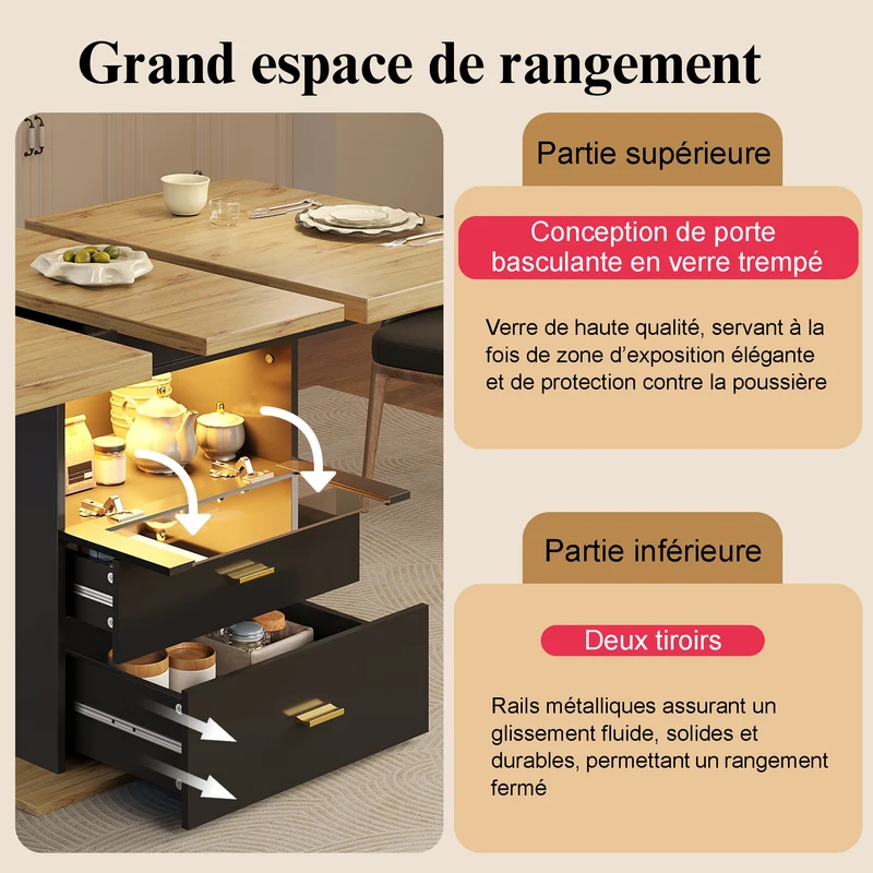Table à manger extensible effet bois avec éclairage LED, 2 tiroirs de rangement 110-140cm MINIMALISTPILLOWSET