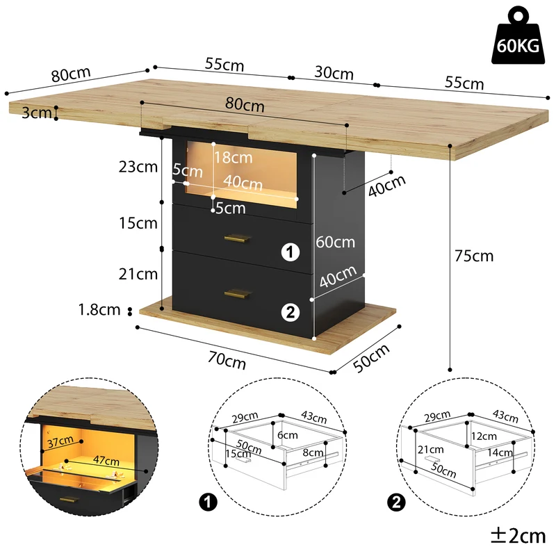 Table à manger extensible effet bois avec éclairage LED, 2 tiroirs de rangement 110-140cm MINIMALISTPILLOWSET