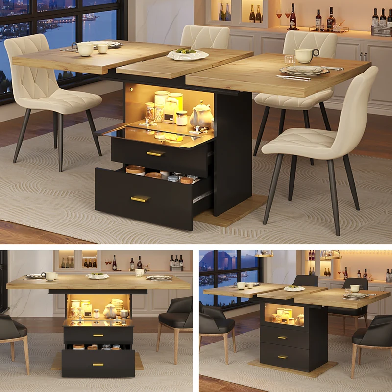Table à manger extensible effet bois avec éclairage LED, 2 tiroirs de rangement 110-140cm MINIMALISTPILLOWSET