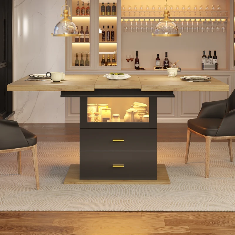 Table à manger extensible effet bois avec éclairage LED, 2 tiroirs de rangement 110-140cm MINIMALISTPILLOWSET