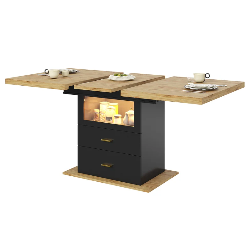 Table à manger extensible effet bois avec éclairage LED, 2 tiroirs de rangement 110-140cm MINIMALISTPILLOWSET