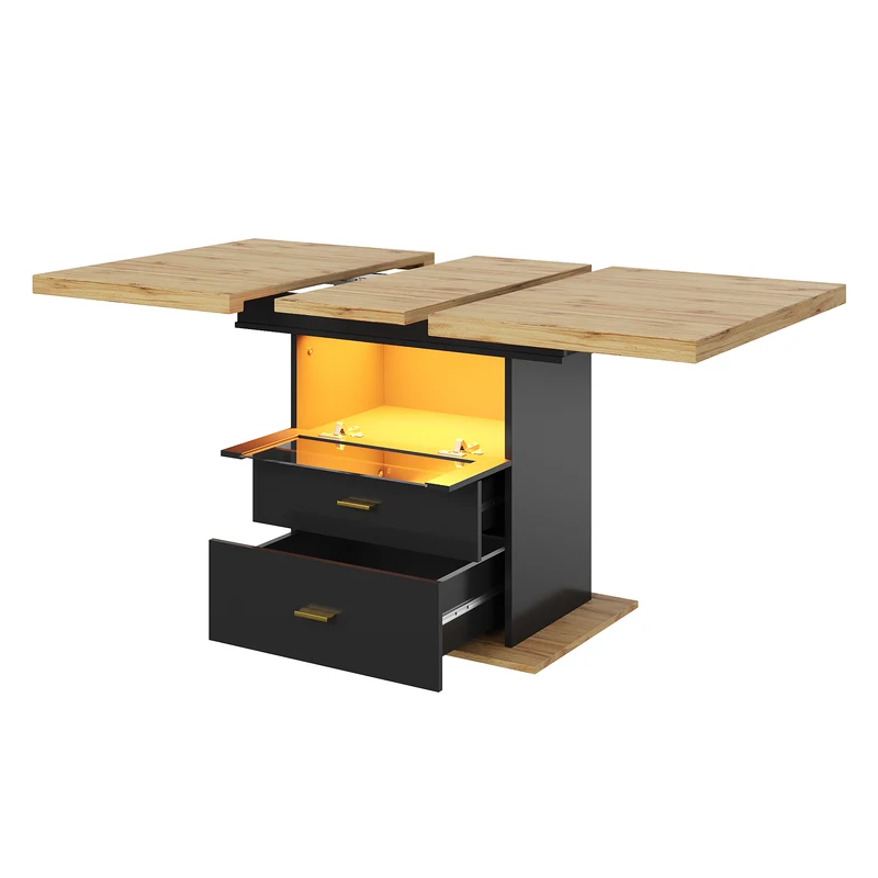 Table à manger extensible effet bois avec éclairage LED, 2 tiroirs de rangement 110-140cm MINIMALISTPILLOWSET
