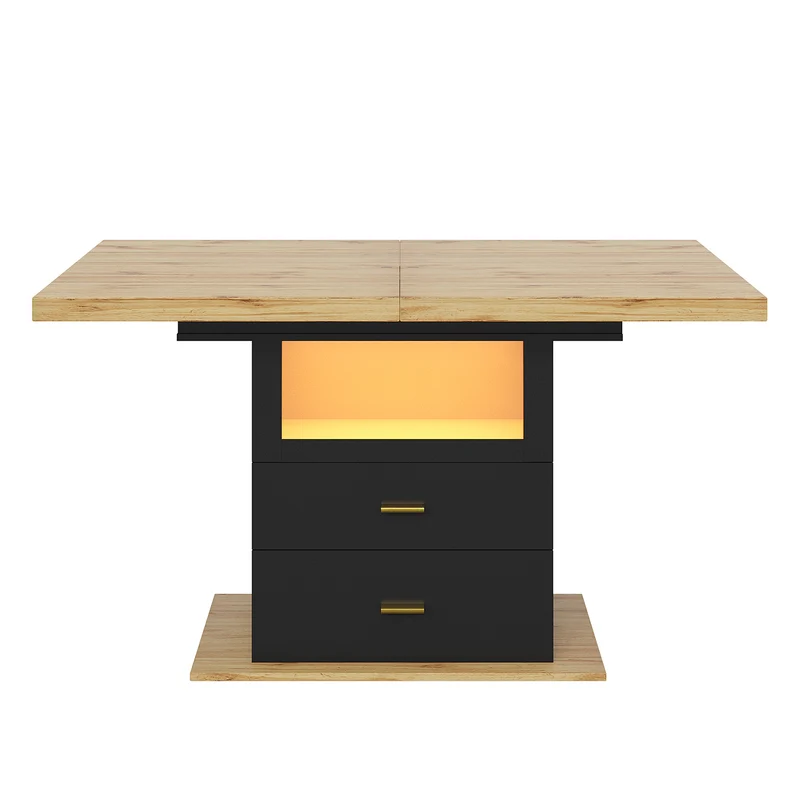Table à manger extensible effet bois avec éclairage LED, 2 tiroirs de rangement 110-140cm MINIMALISTPILLOWSET