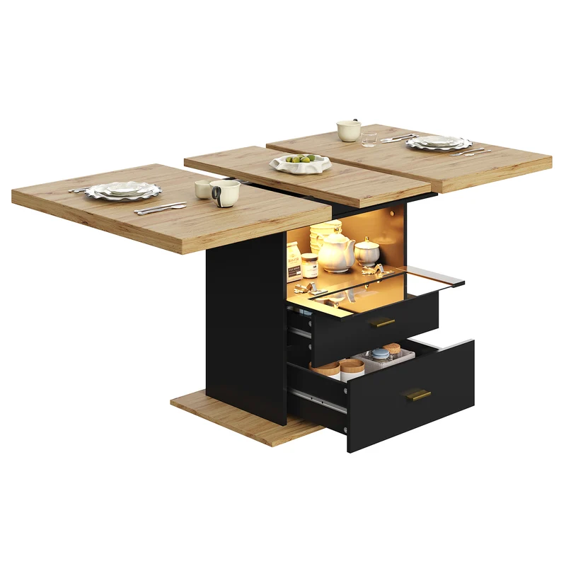 Table à manger extensible effet bois avec éclairage LED, 2 tiroirs de rangement 110-140cm MINIMALISTPILLOWSET