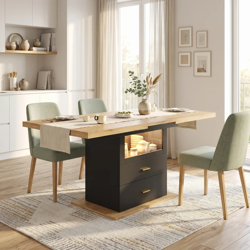 Table à manger extensible effet bois avec éclairage LED, 2 tiroirs de rangement 110-140cm MINIMALISTPILLOWSET