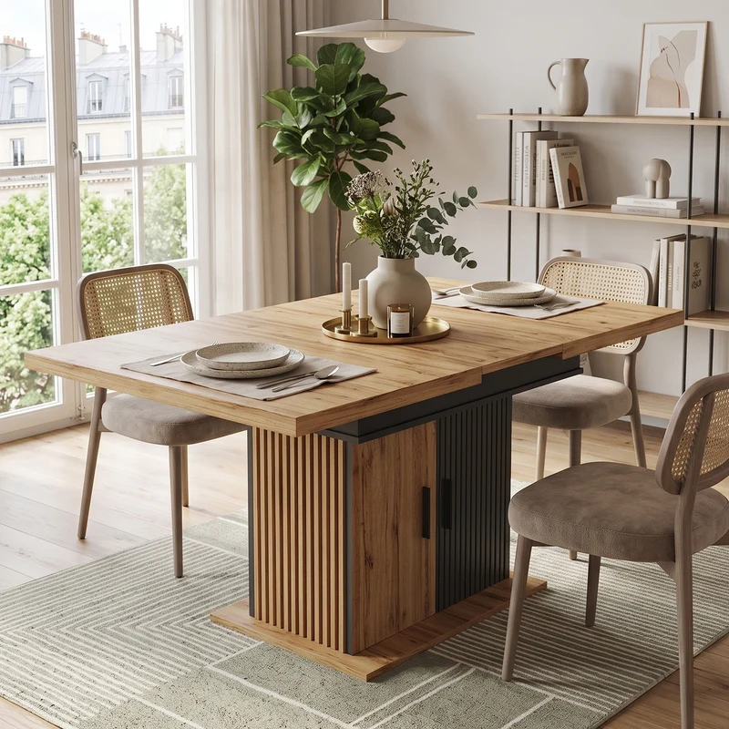 Table à manger extensible effet bois et noir mat et placard de rangement 110-140x80cm MINIMALISTPINEONE