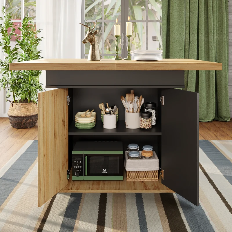 Table à manger extensible effet bois et noir mat et placard de rangement 110-140x80cm MINIMALISTPINEONE