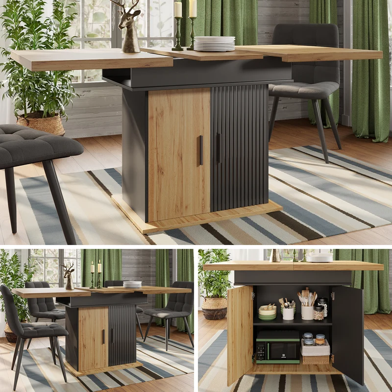 Table à manger extensible effet bois et noir mat et placard de rangement 110-140x80cm MINIMALISTPINEONE