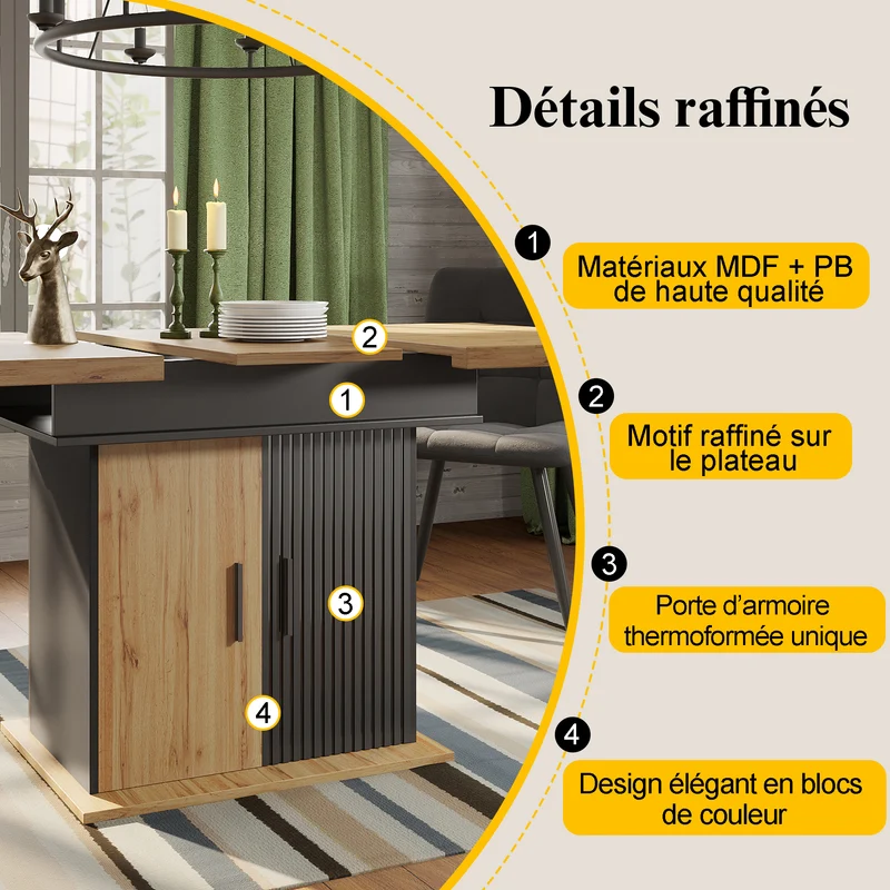 Table à manger extensible effet bois et noir mat et placard de rangement 110-140x80cm MINIMALISTPINEONE