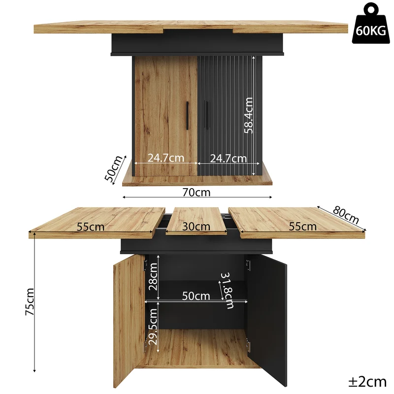 Table à manger extensible effet bois et noir mat et placard de rangement 110-140x80cm MINIMALISTPINEONE