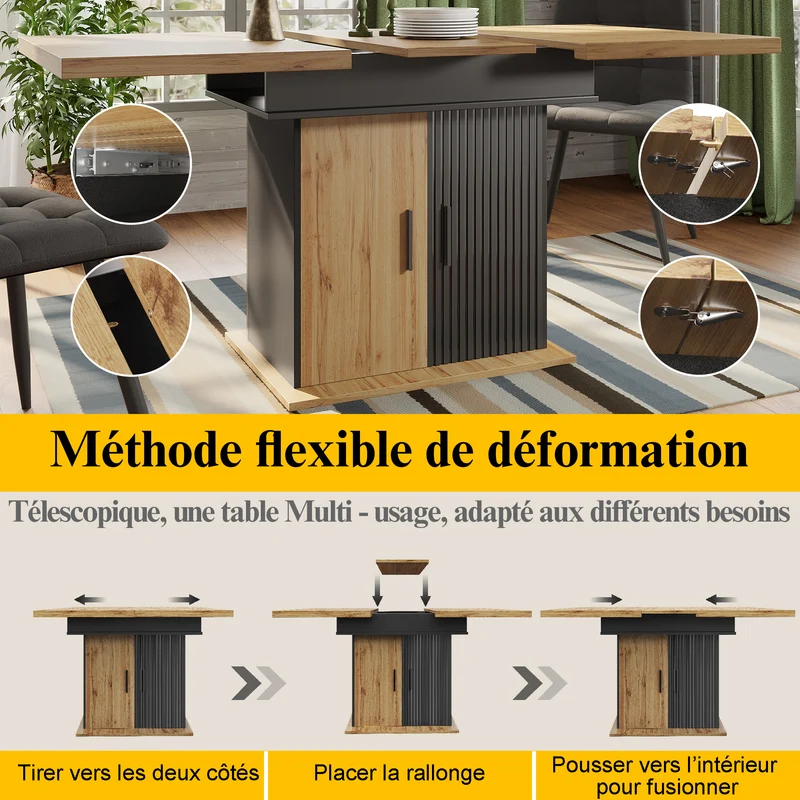 Table à manger extensible effet bois et noir mat et placard de rangement 110-140x80cm MINIMALISTPINEONE