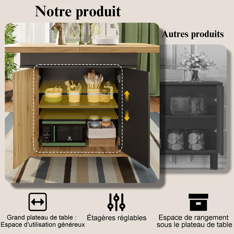 Table à manger extensible effet bois et noir mat et placard de rangement 110-140x80cm MINIMALISTPINEONE