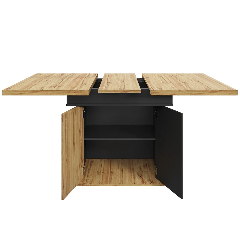 Table à manger extensible effet bois et noir mat et placard de rangement 110-140x80cm MINIMALISTPINEONE