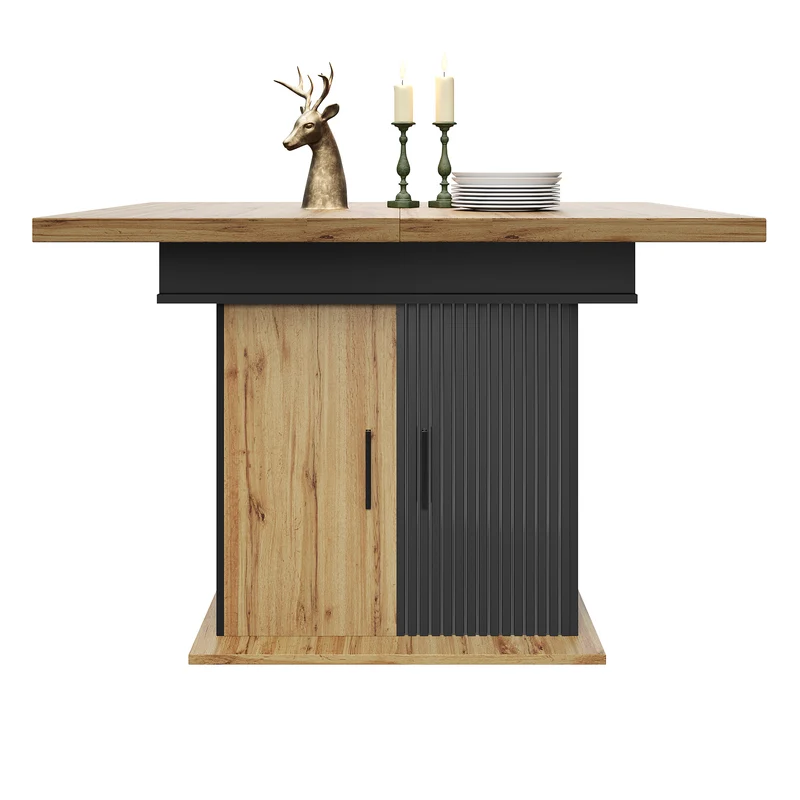 Table à manger extensible effet bois et noir mat et placard de rangement 110-140x80cm MINIMALISTPINEONE