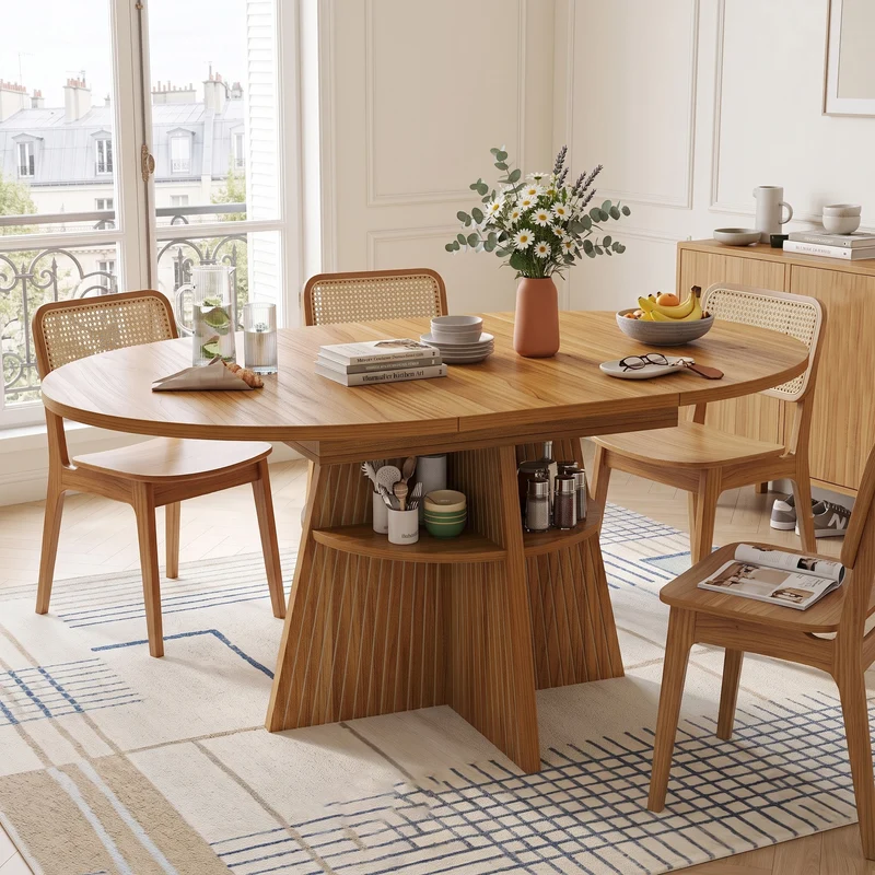Table à manger extensible ronde effet bois avec étagère intégrée (110-150 cm) MINIMALISTONE