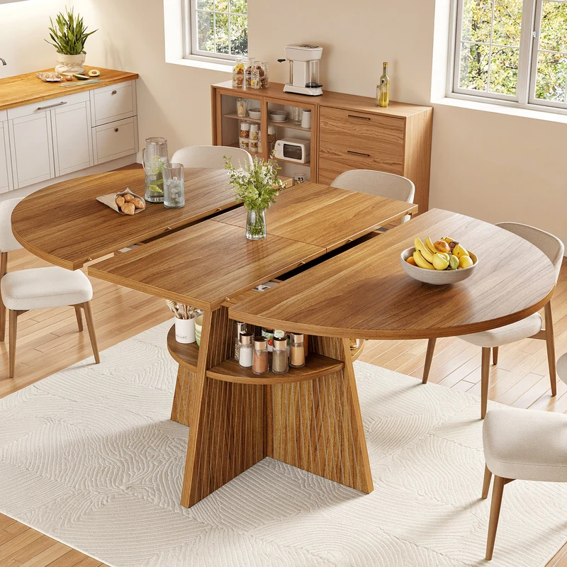 Table à manger extensible ronde effet bois avec étagère intégrée (110-150 cm) MINIMALISTONE