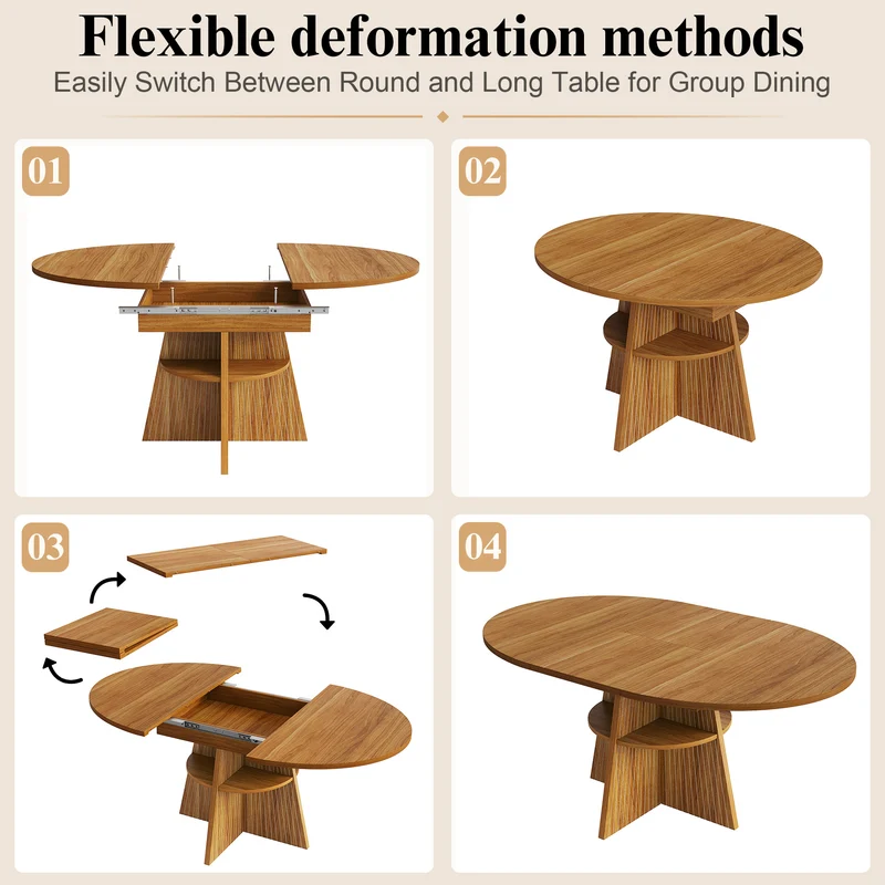 Table à manger extensible ronde effet bois avec étagère intégrée (110-150 cm) MINIMALISTONE