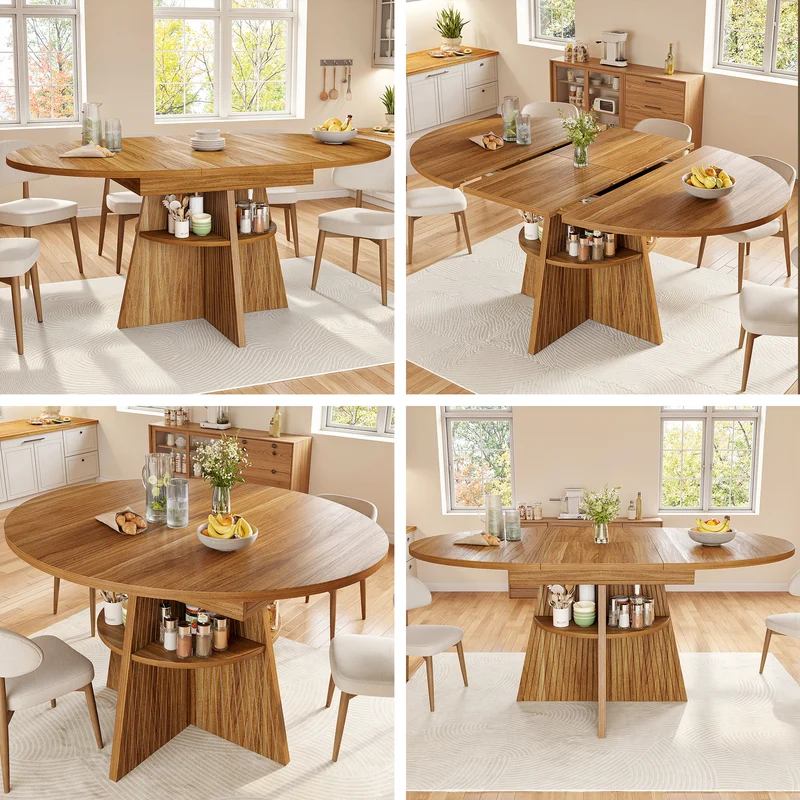 Table à manger extensible ronde effet bois avec étagère intégrée (110-150 cm) MINIMALISTONE