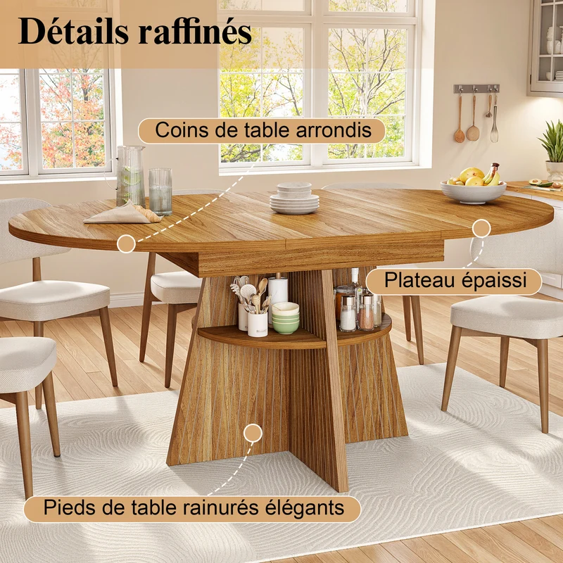 Table à manger extensible ronde effet bois avec étagère intégrée (110-150 cm) MINIMALISTONE