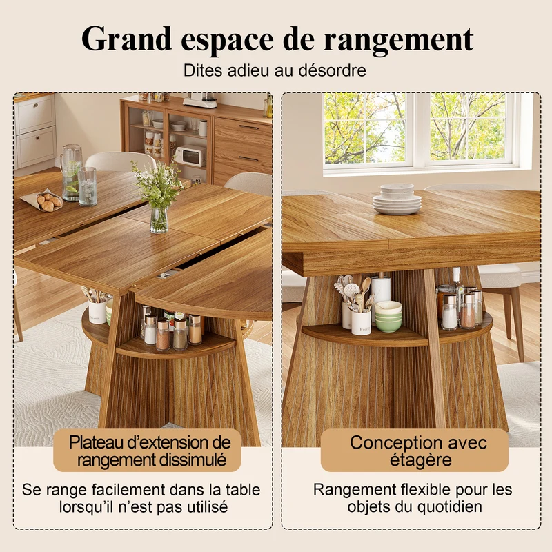 Table à manger extensible ronde effet bois avec étagère intégrée (110-150 cm) MINIMALISTONE
