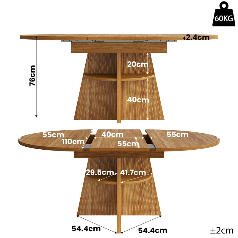 Table à manger extensible ronde effet bois avec étagère intégrée (110-150 cm) MINIMALISTONE