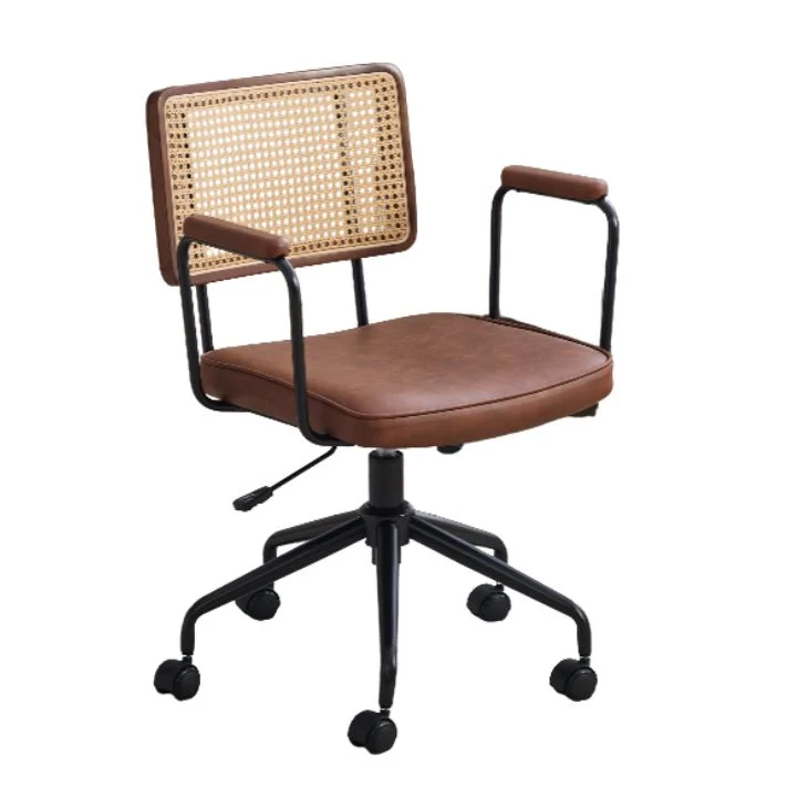 Chaise de bureau vintage en rotin semi-cuir marron pivotant réglable avec accoudoir MINIMALISTMAPLEPLUS