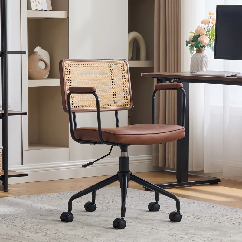 Chaise de bureau vintage en rotin semi-cuir marron pivotant réglable avec accoudoir MINIMALISTMAPLEPLUS
