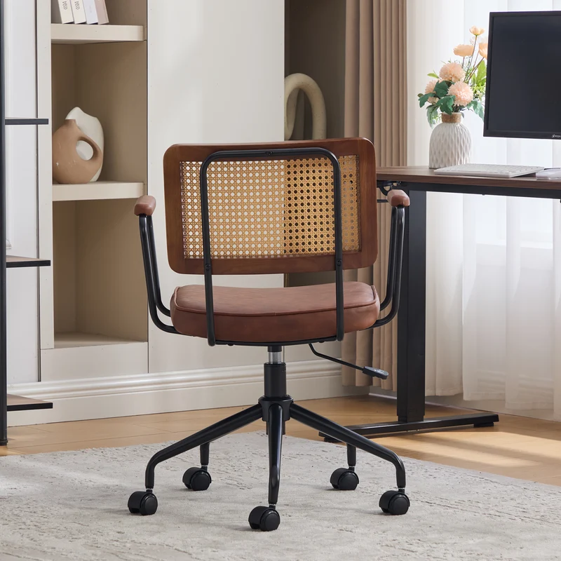 Chaise de bureau vintage en rotin semi-cuir marron pivotant réglable avec accoudoir MINIMALISTMAPLEPLUS