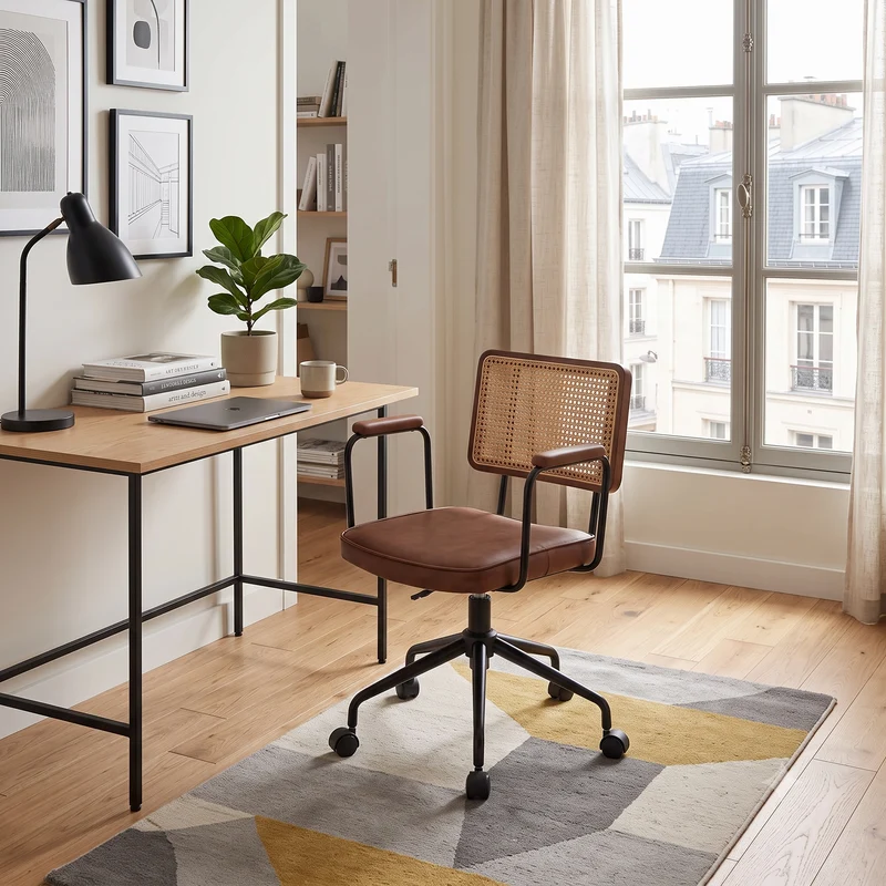 Chaise de bureau vintage en rotin semi-cuir marron pivotant réglable avec accoudoir MINIMALISTMAPLEPLUS