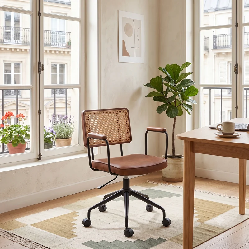 Chaise de bureau vintage en rotin semi-cuir marron pivotant réglable avec accoudoir MINIMALISTMAPLEPLUS
