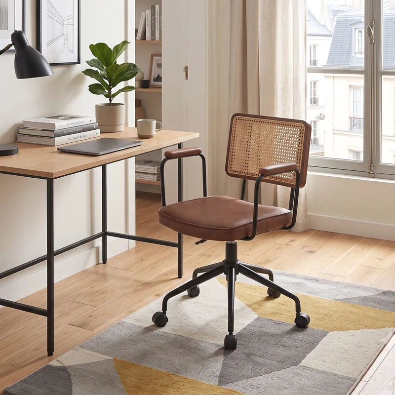 Chaise de bureau vintage en rotin semi-cuir marron pivotant réglable avec accoudoir MINIMALISTMAPLEPLUS