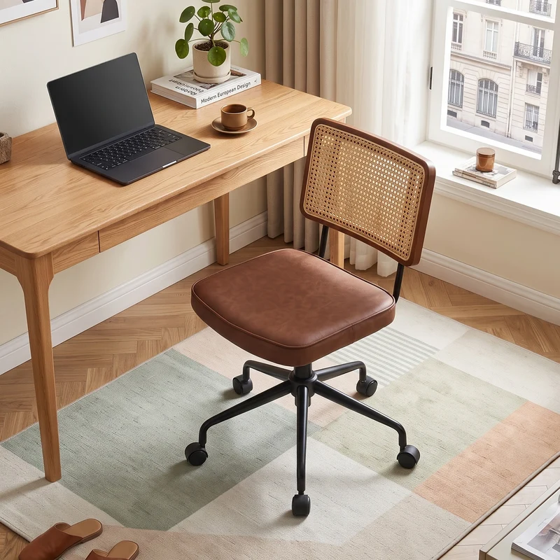 Chaise de bureau vintage en rotin semi-cuir marron pivotant réglable MINIMALISTMAX