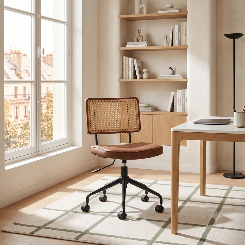 Chaise de bureau vintage en rotin semi-cuir marron pivotant réglable MINIMALISTMAX