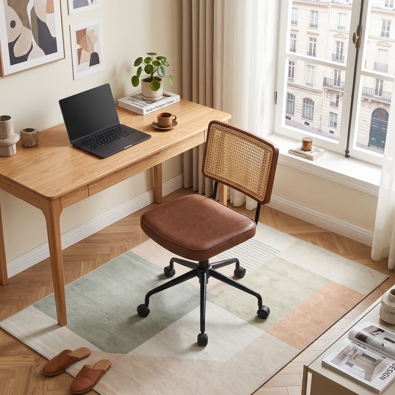 Chaise de bureau vintage en rotin semi-cuir marron pivotant réglable MINIMALISTMAX