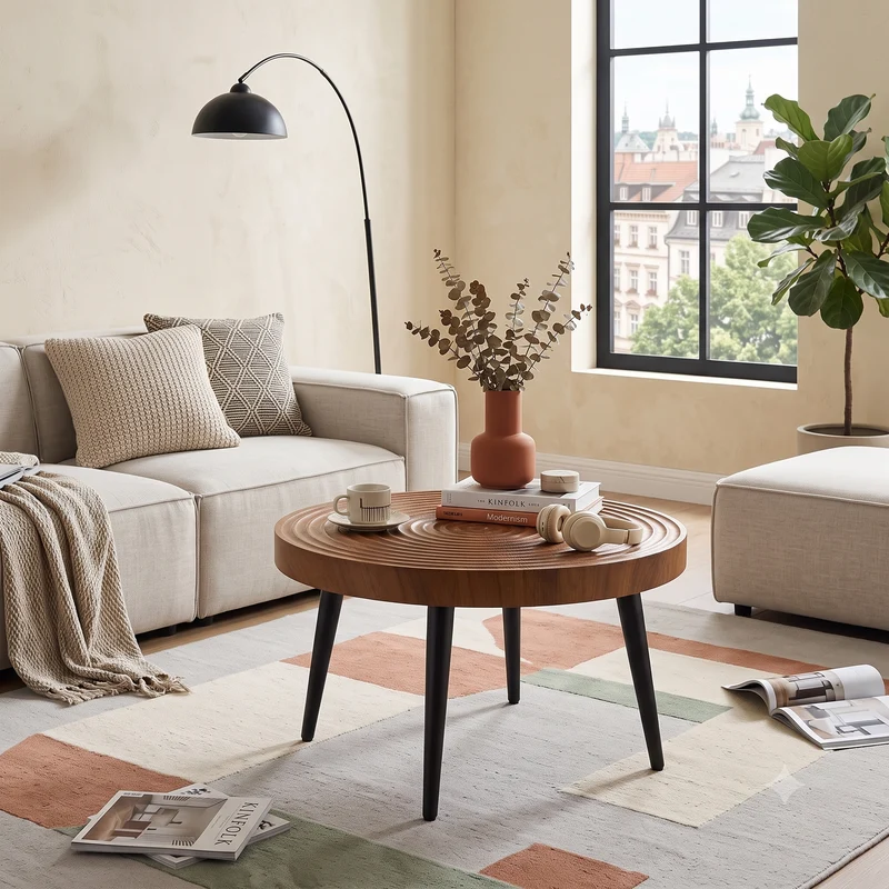 Table basse ronde Ø60 cm en noyer avec plateau texturé motif cernes d'arbre MINIMALISTCEILINGSET