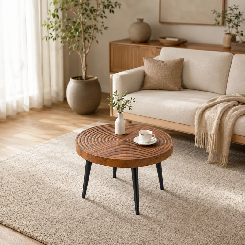 Table basse ronde Ø60 cm en noyer avec plateau texturé motif cernes d'arbre MINIMALISTCEILINGSET