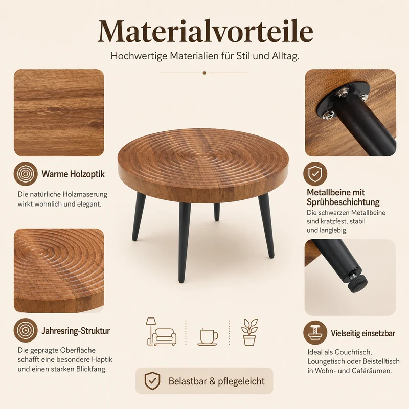 Table basse ronde Ø60 cm en noyer avec plateau texturé motif cernes d'arbre MINIMALISTCEILINGSET