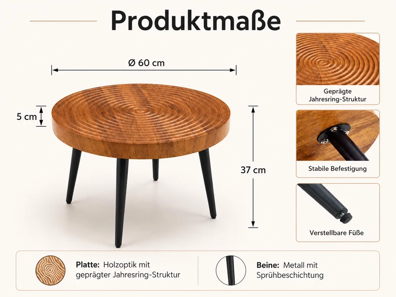 Table basse ronde Ø60 cm en noyer avec plateau texturé motif cernes d'arbre MINIMALISTCEILINGSET
