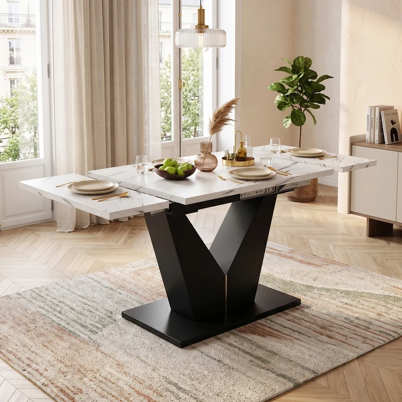 Table à manger extensible effet marbre blanc et pieds en métal noir en V (99-159 cm) LAMP WORK