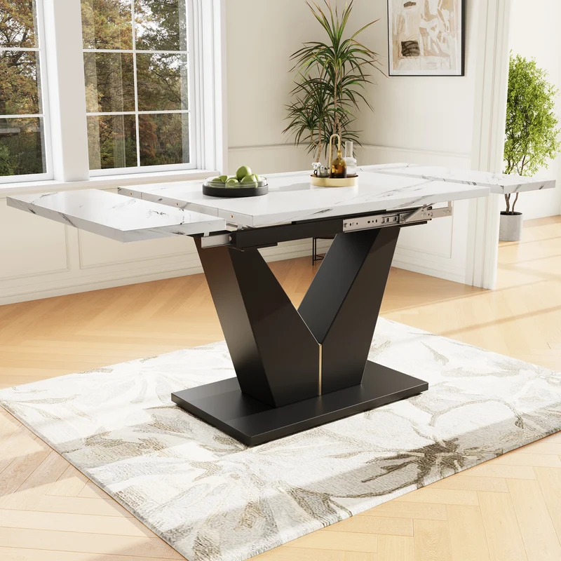 Table à manger extensible effet marbre blanc et pieds en métal noir en V (99-159 cm) LAMP WORK