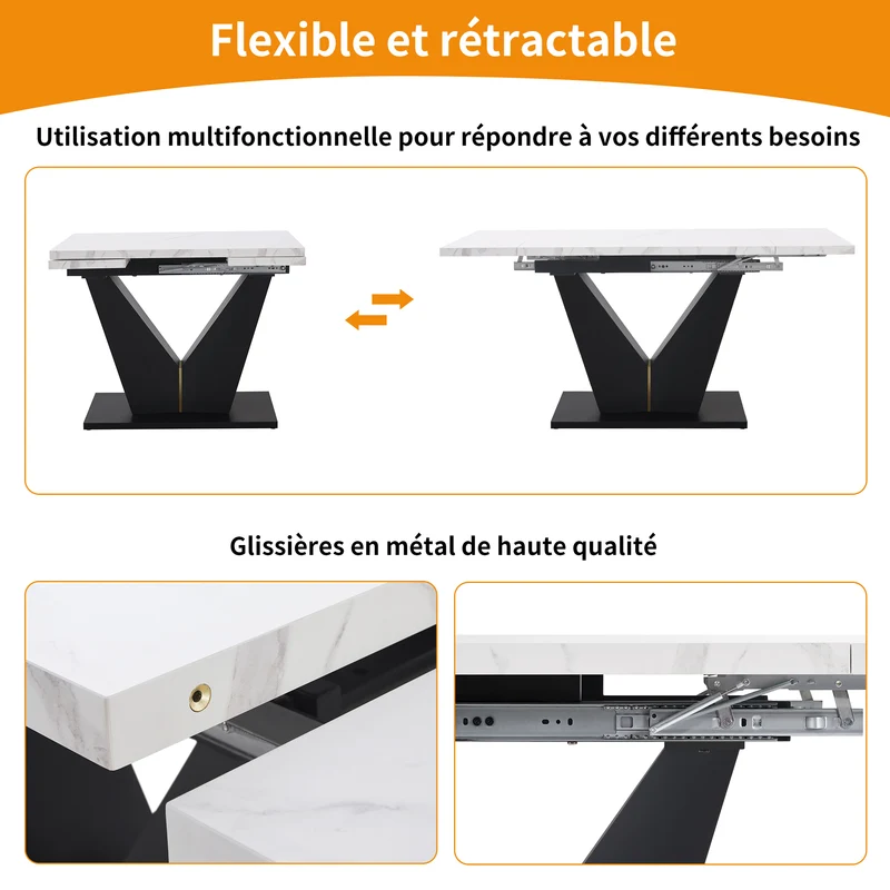 Table à manger extensible effet marbre blanc et pieds en métal noir en V (99-159 cm) LAMP WORK