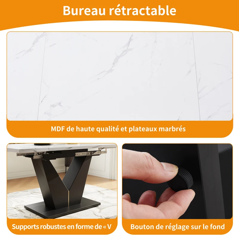 Table à manger extensible effet marbre blanc et pieds en métal noir en V (99-159 cm) LAMP WORK